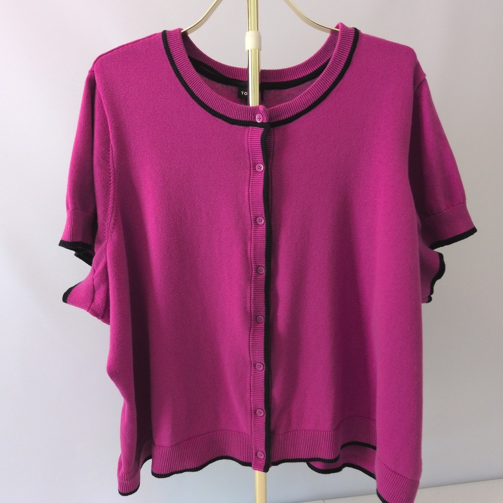 Torrid Womens Cardigan 4X Magenta Short Sleeve Black Trim Crop Cotton Sweater